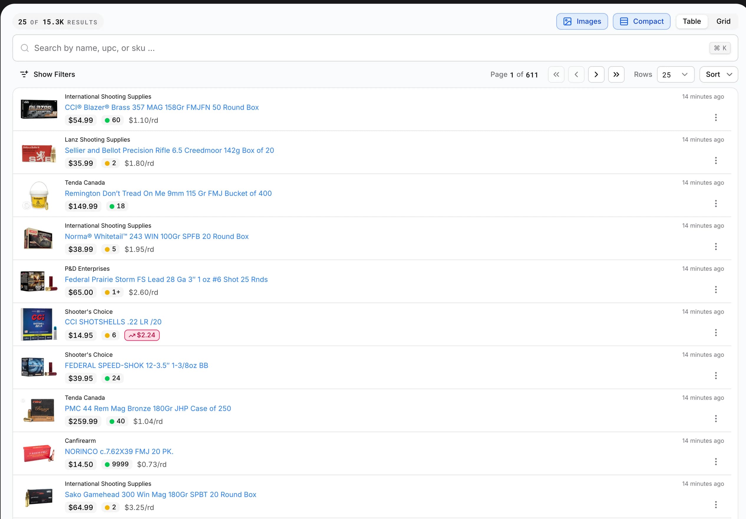 Gearhawk compact search view listing aggregated ammunition results with retailer, product name, price, stock count and price per round